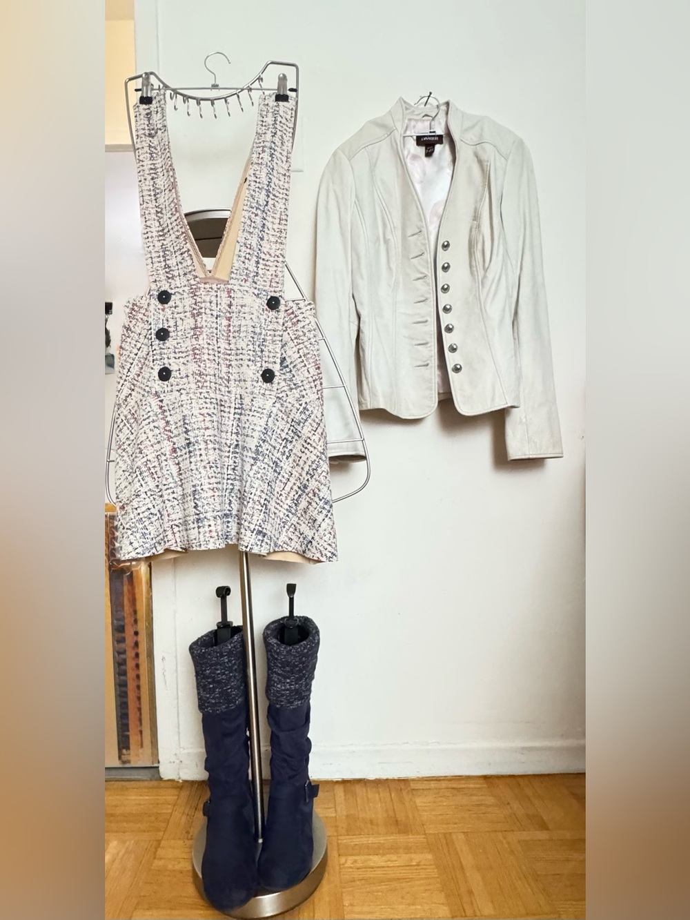 Danier Cream Leather Jacket with Pink Lip-Print Lining. Zara pinafore dress